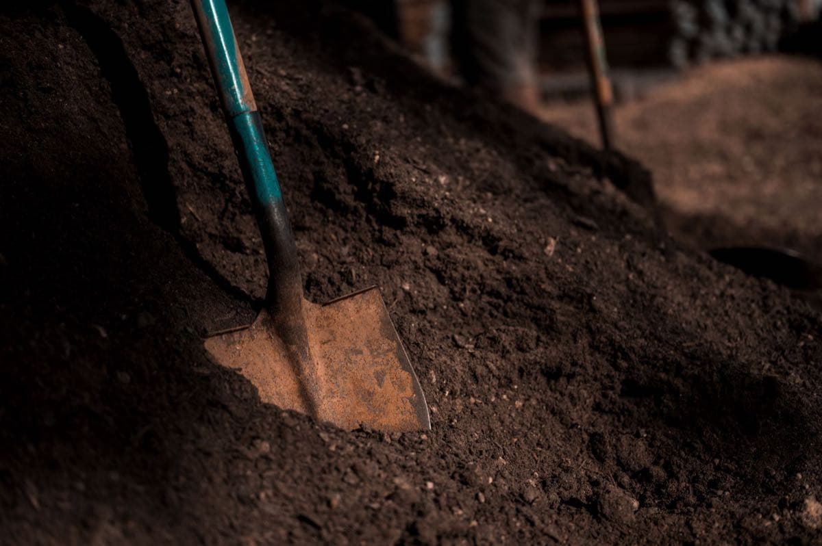 Shovel turning dark soil during a site evaluation dig